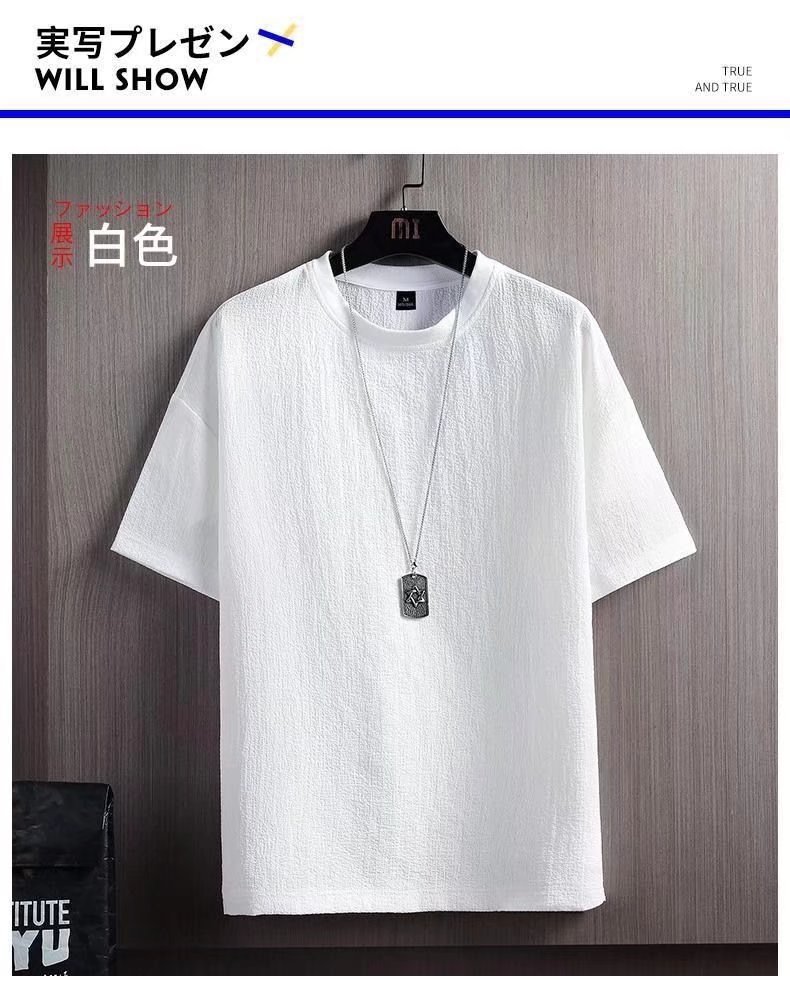 New season half-sleeved T-shirt, cotton, linen and linen short-sleeved T-shirt for men, summer solid color loose base layer, white five-quarter sleeve pic 5