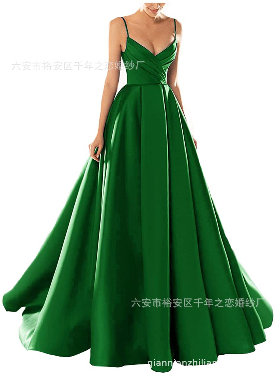 晚礼服欧美外贸2023新款春季中腰缎面粉色气质长款吊带宴会晚礼服详情24