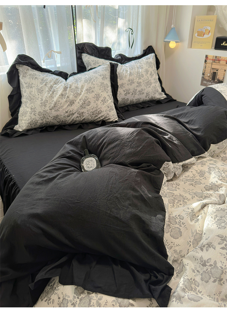 French romantic princess-style lace washed cotton four-piece set, small floral skin-friendly quilt cover, dormitory three-piece set, bed skirt style pic 25