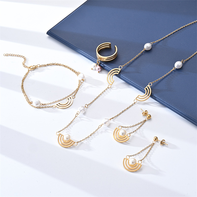 跨境外贸不锈钢饰品套装小众手链戒指耳钉项链首饰四件套详情4