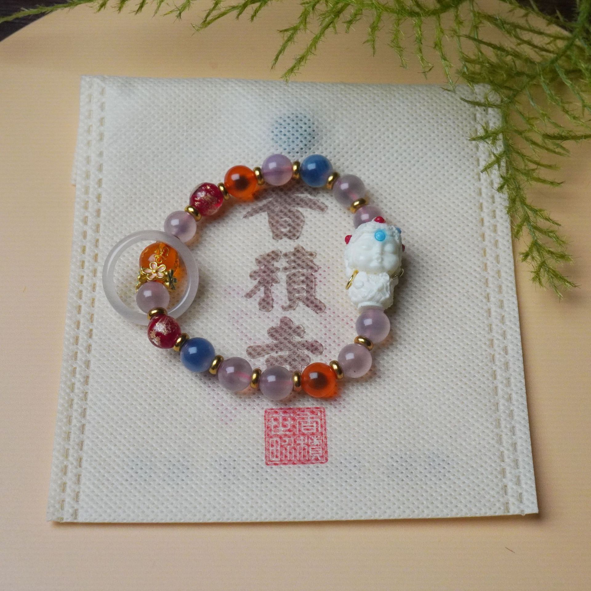寺庙同款半糖玛瑙白度母手链串珠女金箔古法琉璃手串文玩饰品配饰详情6