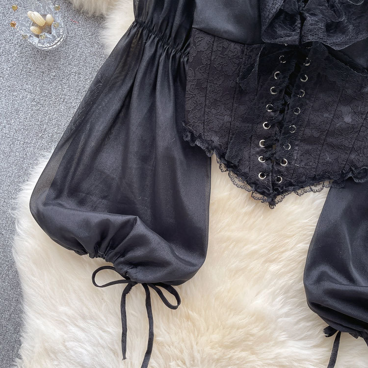 French court-style lantern long-sleeved shirt for women, fashionable high-end chiffon shirt, sweet lace patchwork mesh top, trendy pic 7