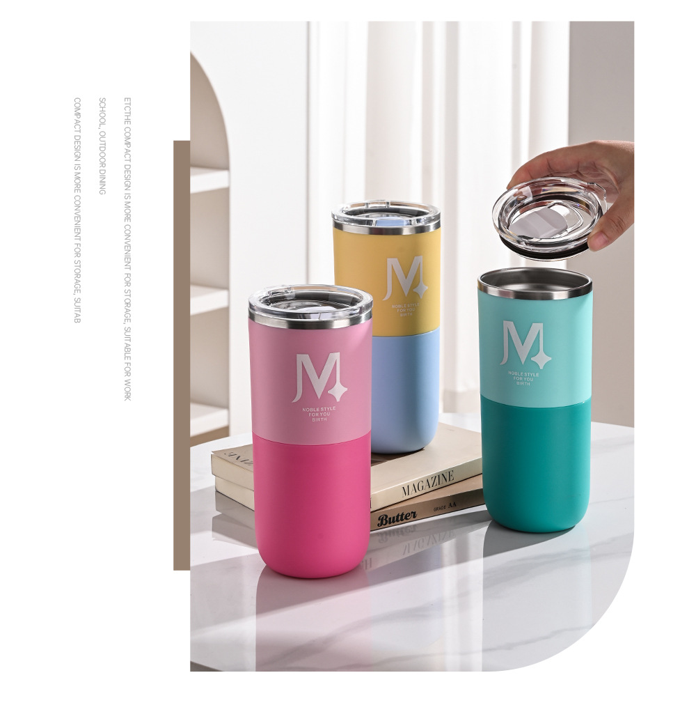 Stainless steel coffee cup with lid, double-layer mug, water cup, ice cup, office and home drinking water, large capacity 600ml pic 14