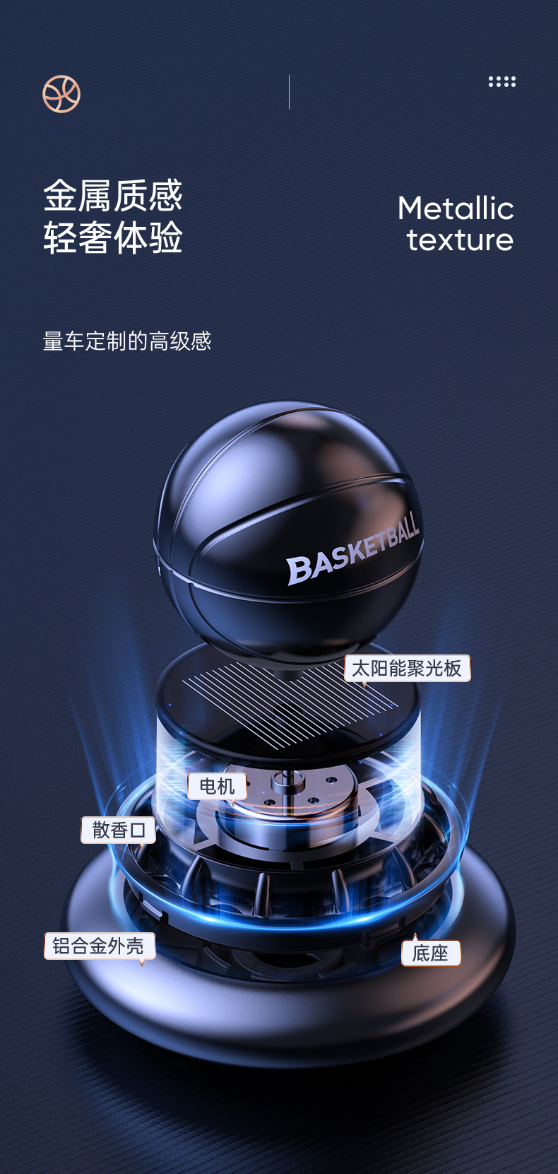 Creative solar-powered car aroma diffuser, basketball, car interior decoration, fragrant and non-pungent rotating perfume ornament pic 5