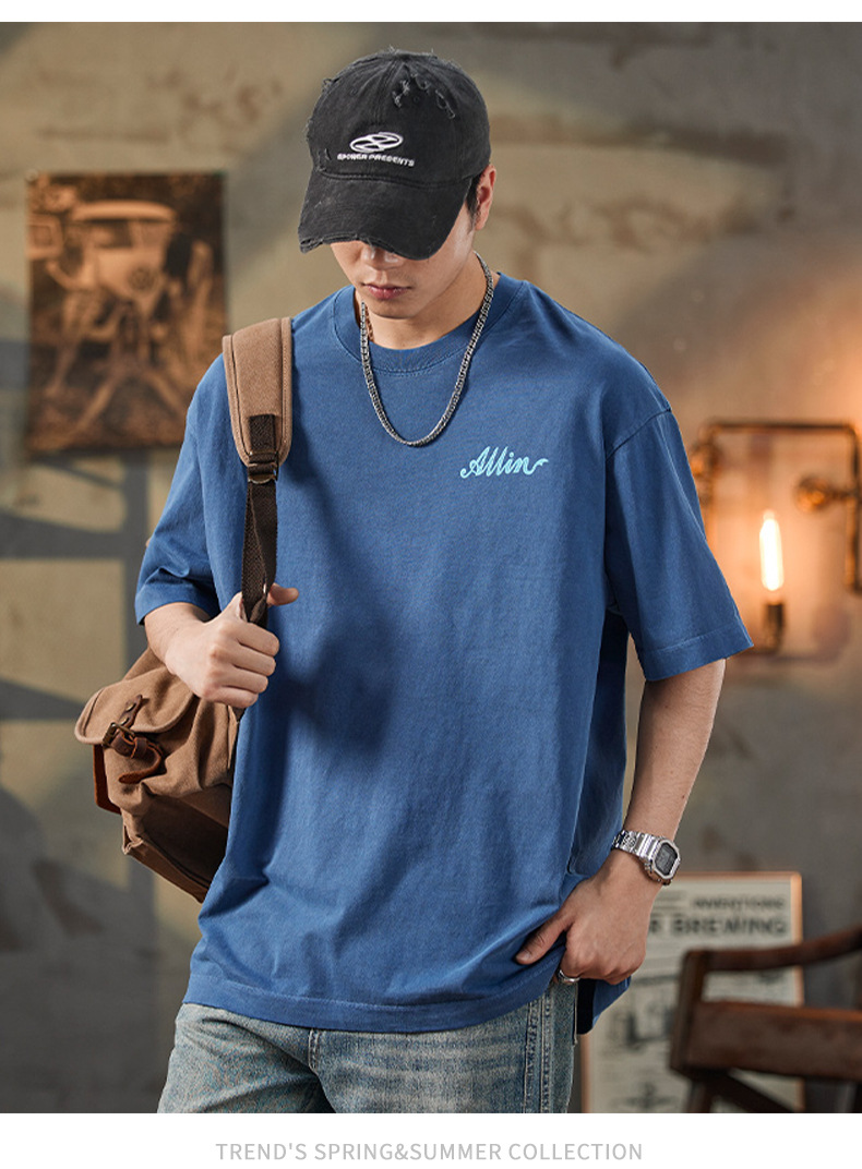 ALLIN pure cotton heavy-duty short-sleeved T-shirt for men, a summer trendy brand with three-dimensional printed letters and loose round-neck couple tops pic 47