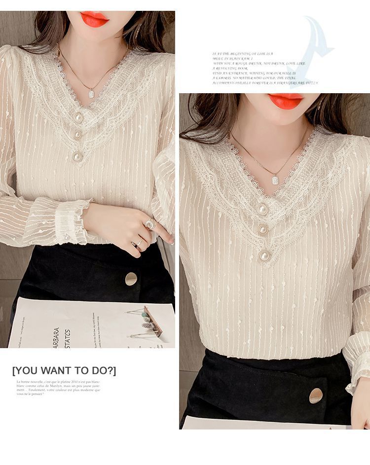 秋季新款长袖雪纺衫漂亮小衫气质上衣女蕾丝v领打底衫详情20