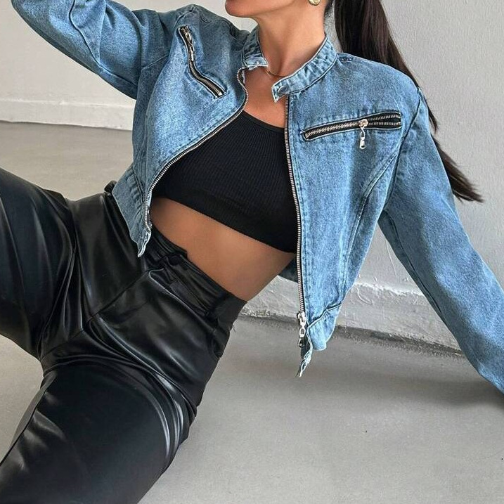 Cross-border European and American fashion design sense denim jacket for women, short denim jacket with zipper pic 7