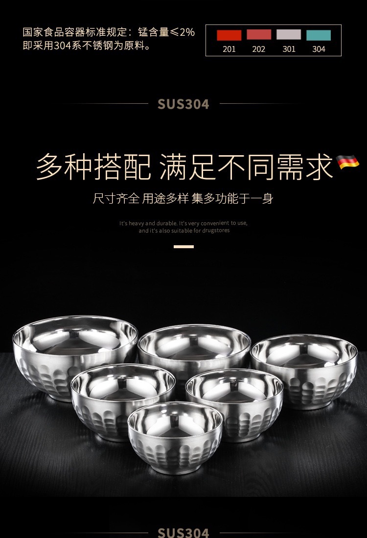 304不锈钢碗双层隔热米饭碗儿童铂金碗学生食堂商用汤面百合碗详情6