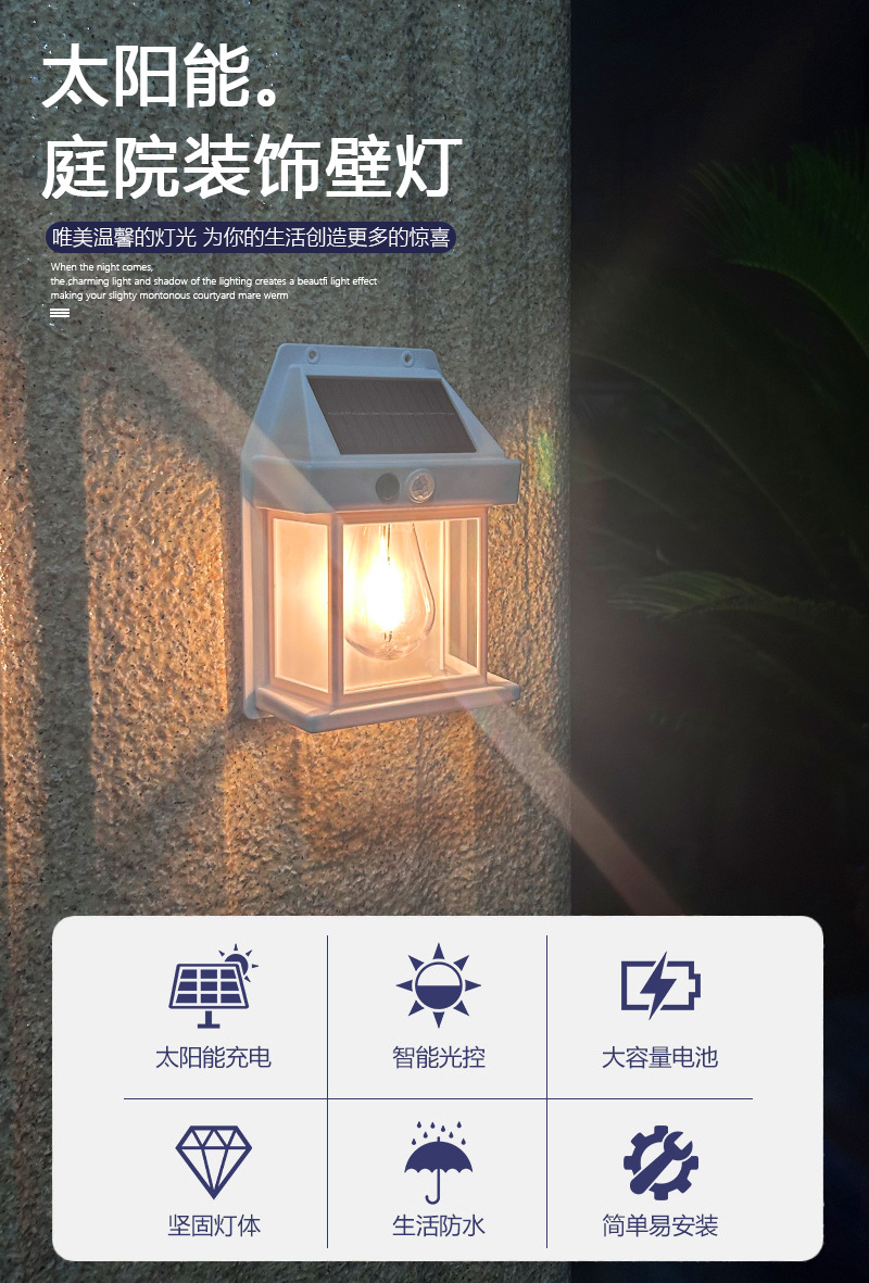 太阳能室外壁灯人体感应三模式钨丝壁灯花园别墅庭院小夜灯防雨详情1