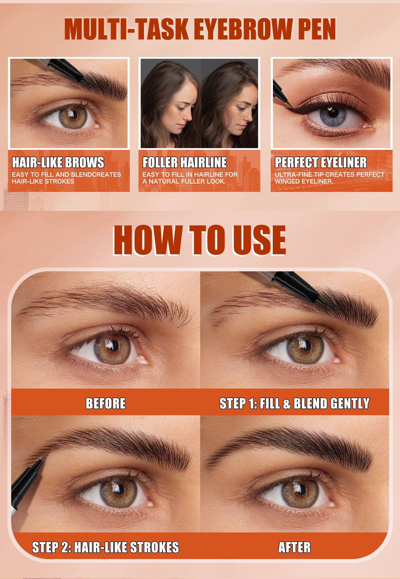 亚马逊TK爆款W3W双头毛刷头眉笔防水防汗野生4D仿真2in1液体眉笔详情11