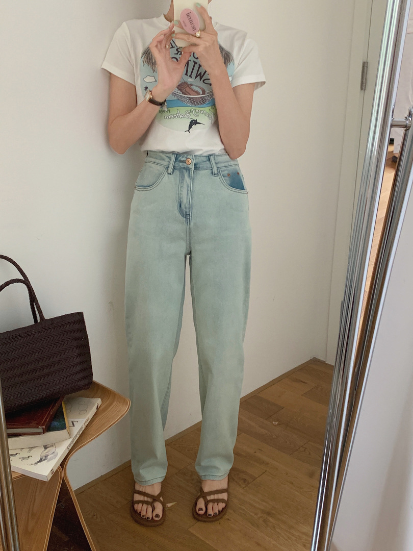 GAGD 海盐蓝窄版直筒牛仔裤女 夏日限定色复古做旧直筒牛仔烟管裤详情13