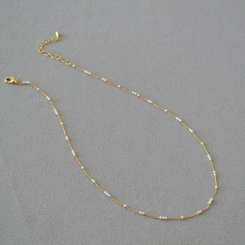 法式小众设计简约迷你baby小珍珠间隔黄铜镀金优雅极细项链锁骨链详情5