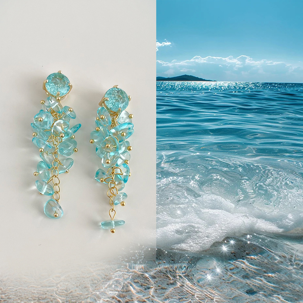 【 Ocean Series 】 Original design, handcrafted long tassel glass crystal earrings, elegant and sweet earrings pic 2