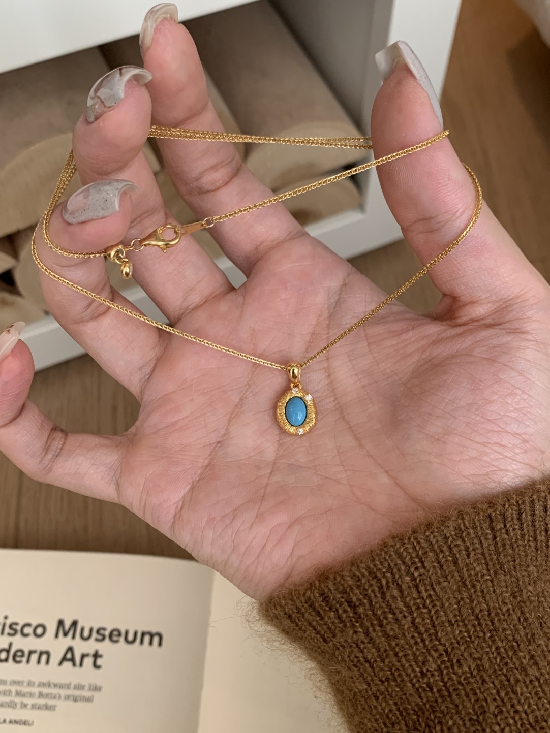 S925纯银中古蓝松石拉丝项链秋冬新款轻奢锆石锁骨链女时尚百搭潮流详情5