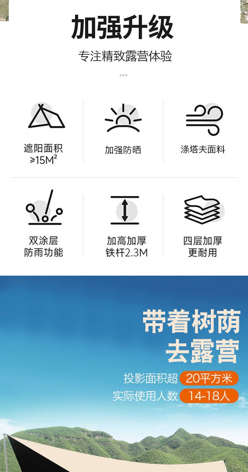 米色全遮光黑胶天幕户外露营大空间防晒帐篷遮阳帆雨棚600D不起白详情2