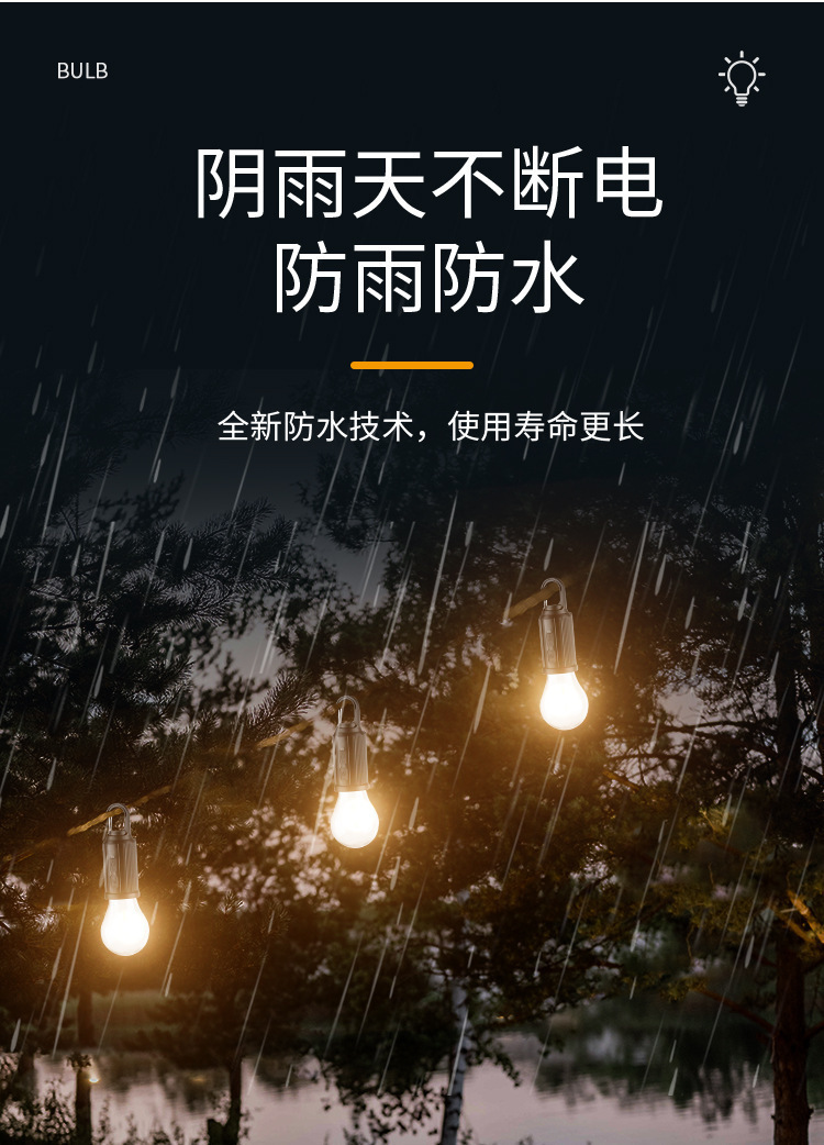 太阳能露营灯球泡钨丝灯 三挡调光防水帐篷灯 户外野营氛围手提灯详情2