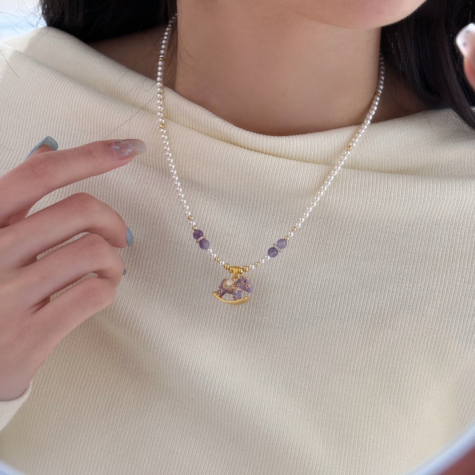 原创时尚清新紫色滴油木马施家珍珠项链轻奢小众气质百搭锁骨链女详情7