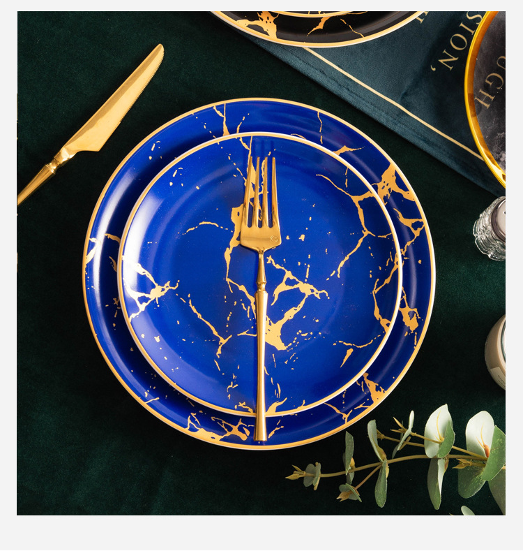 European-style gold-edge tableware, marble-patterned plates, Western plates, steak plates, household tableware, banquet dessert presentation model room pic 6