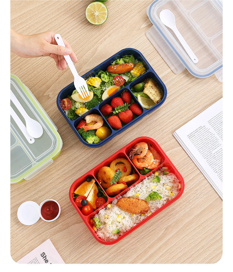 简约PP四格午餐盒亚马逊饭盒套装分格可微波炉加热密封沙拉便当盒详情6