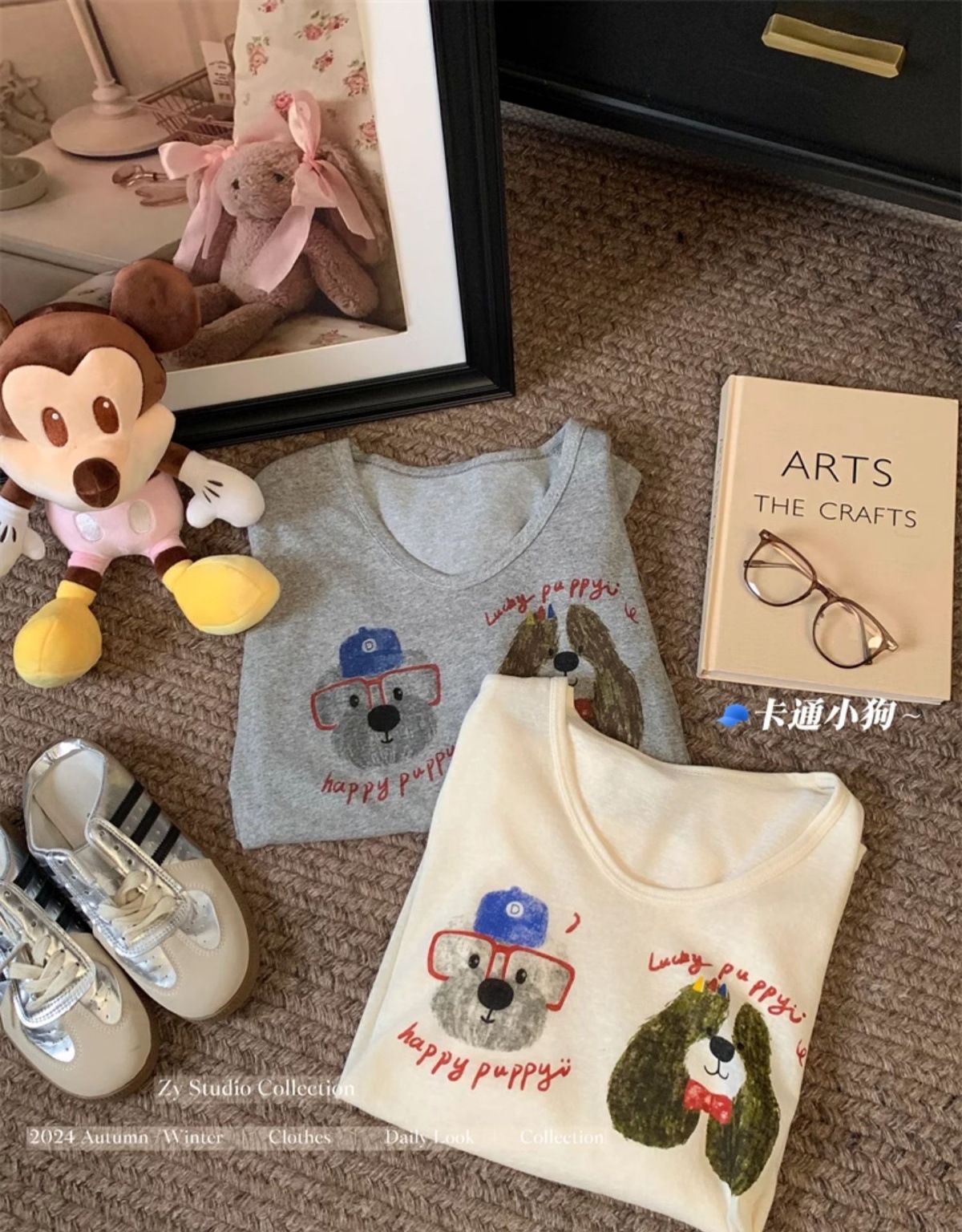 Loose-fitting, wide-necked, thin, sun-protective smock for women, summer, youthful cartoon printed long-sleeved T-shirt, U-neck top pic 24