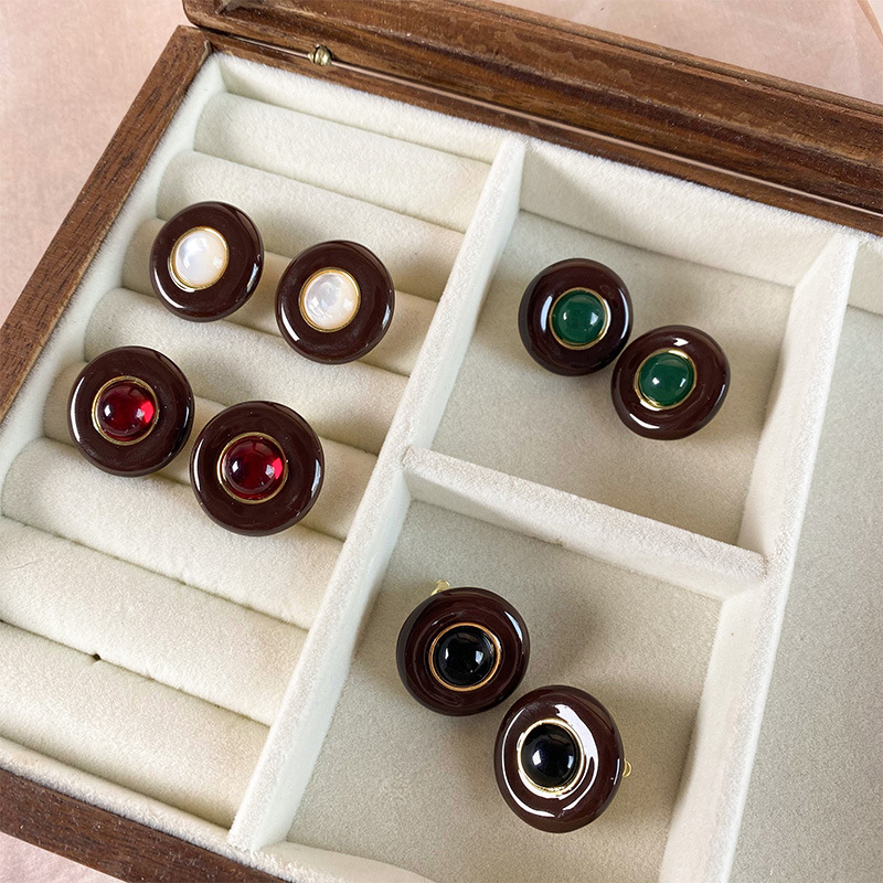 赫本风珐琅彩安哥拉红色绿色圆形珍珠耳钉复古vintage网红爆款详情10