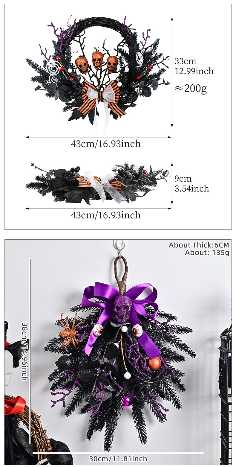新款万圣节花环仿真骷髅圣诞球鬼节恐怖派对装饰门挂紫色花环藤圈详情10
