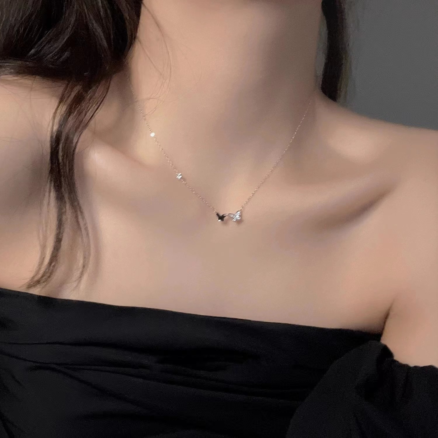 S925纯银双蝴蝶项链镶钻镀18K金ins轻奢气质高级感跨境热卖新款详情8