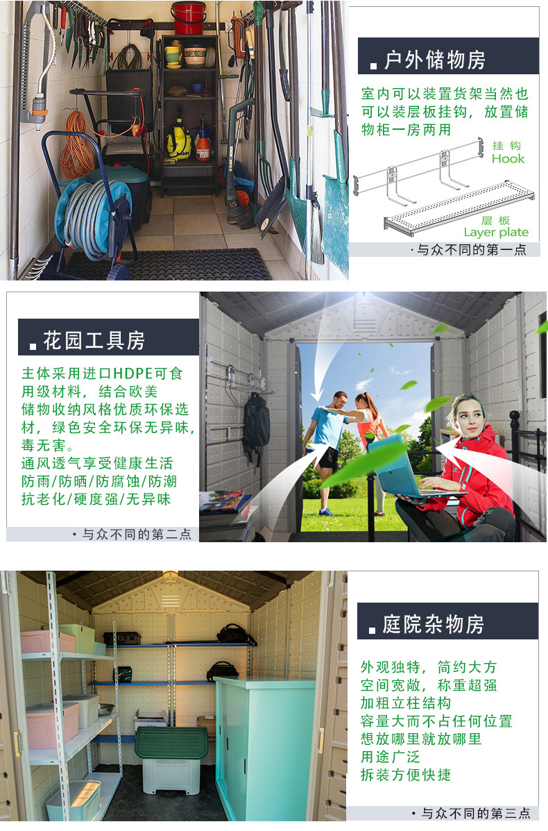 户外工具房花园庭院室外储物收纳楼顶简易组装可移动房子住人家用详情4