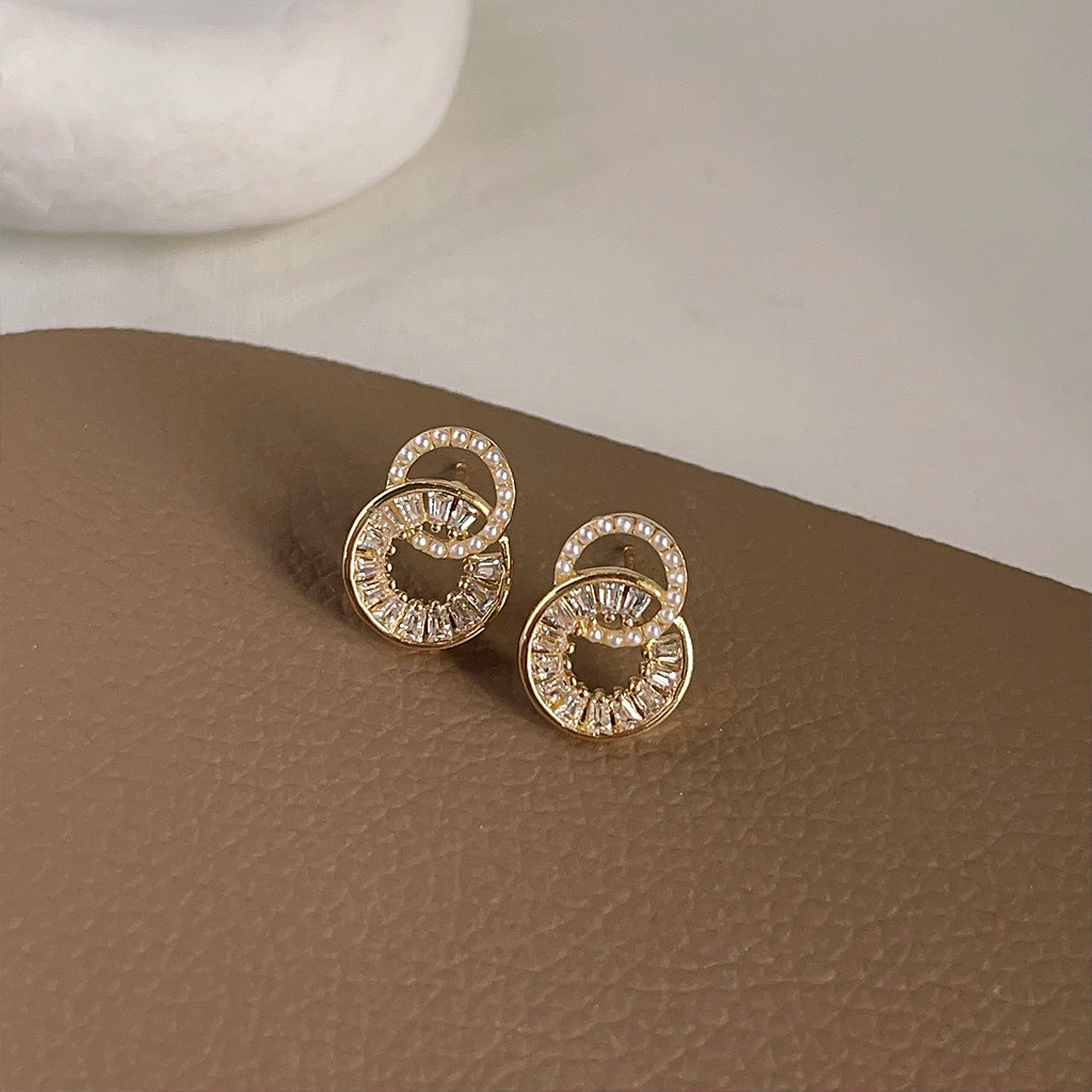 Micro-inlaid zircon 925 silver needle 14K geometric round stud earrings, simple and elegant with a high-end feel, factory earrings pic 7