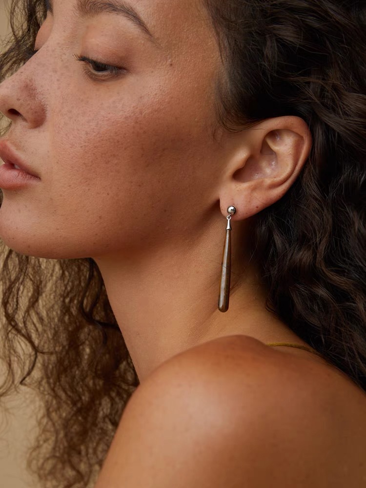 秋冬新款木纹石白贝母Teardrop耳环气质轻奢显脸瘦长款泪滴耳坠详情4