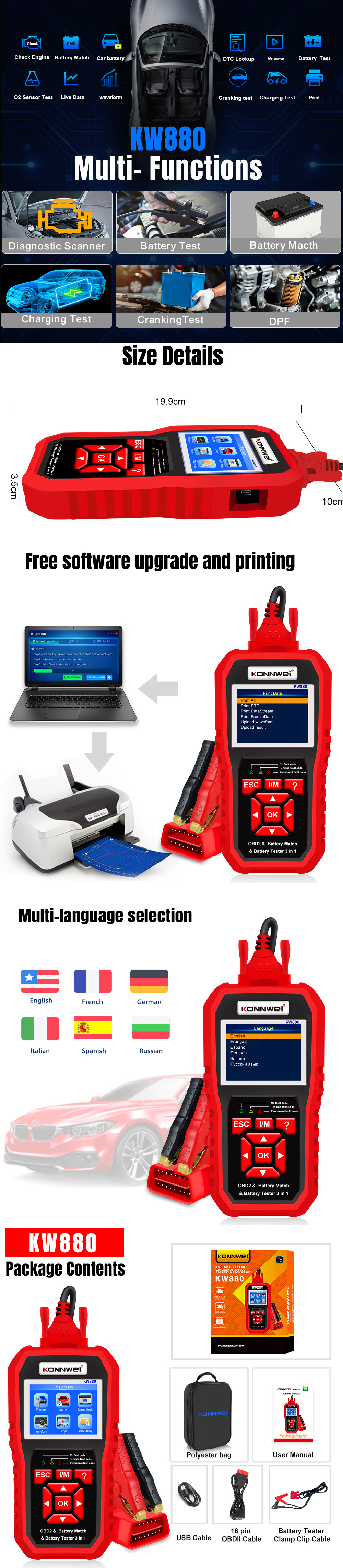 The customized KW880 is a three-in-one machine that integrates automotive diagnostic tools, automotive battery testers, and automotive battery matching pic 6