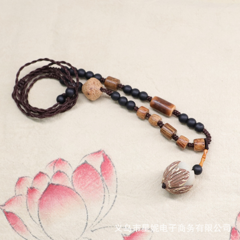 古风流苏白玉菩提项链鸡翅木磨砂挂链长款男女毛衣链饰品配饰挂件详情7