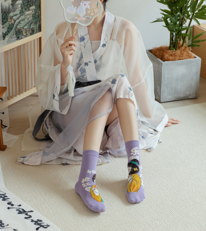 国潮袜子女原创设计古风水墨画AB鸳鸯女棉袜敦煌飞天白蛇传潮流中筒袜详情23