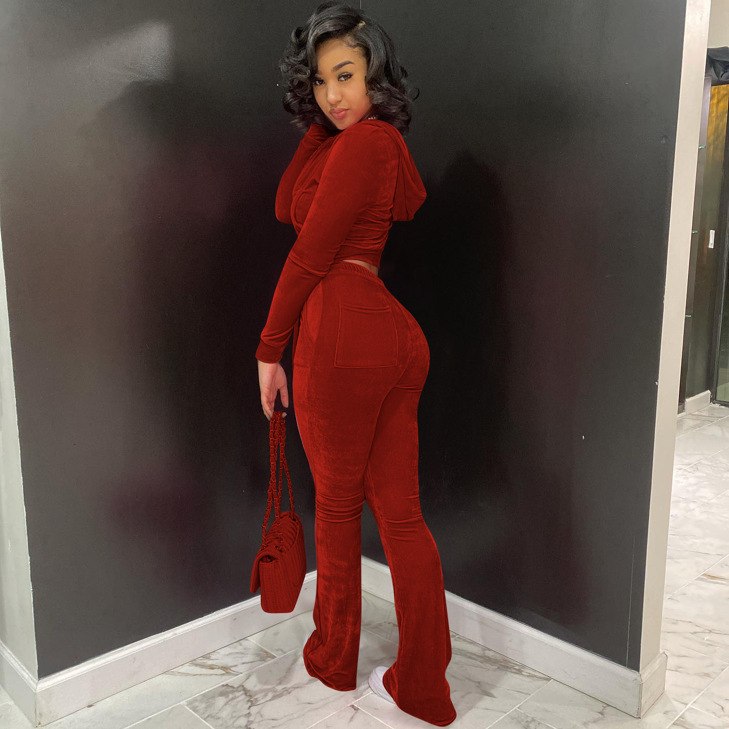 Solid color gold velvet wide-leg pants two-piece set pic 136