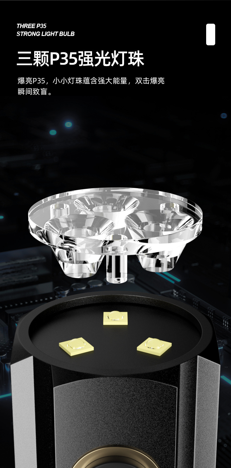 New cross-border high-intensity three-eye long-range flashlight, rechargeable mini portable small hand flashlight, outdoor multi-functional hooded lamp pic 3