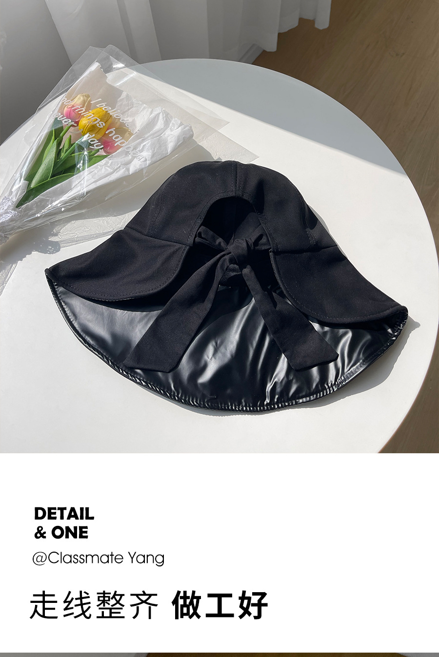 杨同学品牌女士夏季防晒帽 蝴蝶结装饰大帽檐黑胶渔夫帽 防紫外线遮阳帽子 成人尺寸太阳帽详情16