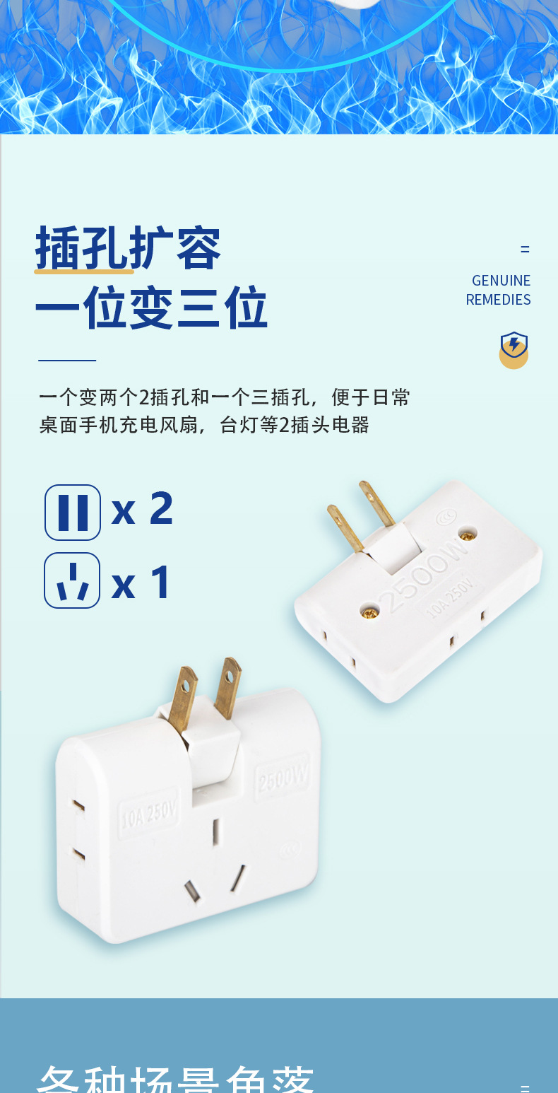 跨境专供180度转换插头多功能转换器超薄一转三插座可旋转插头详情7