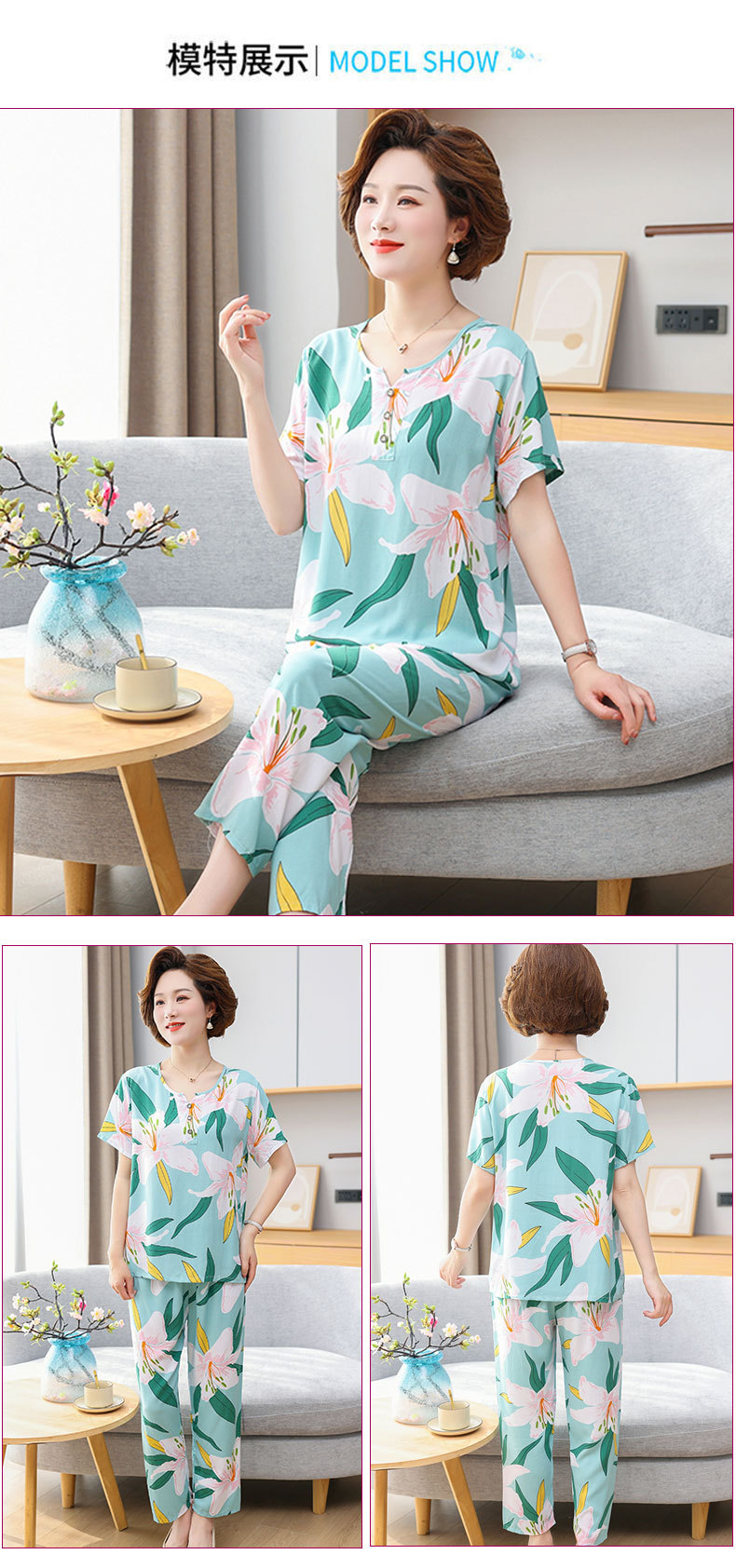 Cotton silk pajamas for women, summer short-sleeved suits, cotton silk for middle-aged and elderly mothers, large-sized artificial cotton home wear for women, suitable for wearing outside pic 5