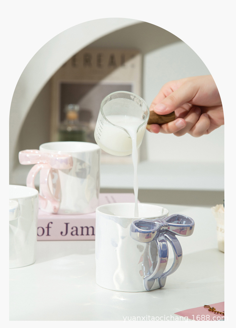 简约创意蝴蝶结手柄陶瓷马克杯珠光釉少女心咖啡杯学生情侣牛奶杯详情4