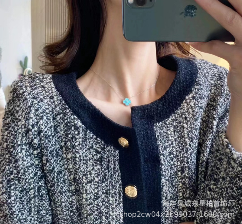 新款纯银925圣诞限定蓝色四叶草单钻18K金薄荷绿幸运草项链锁骨链详情11