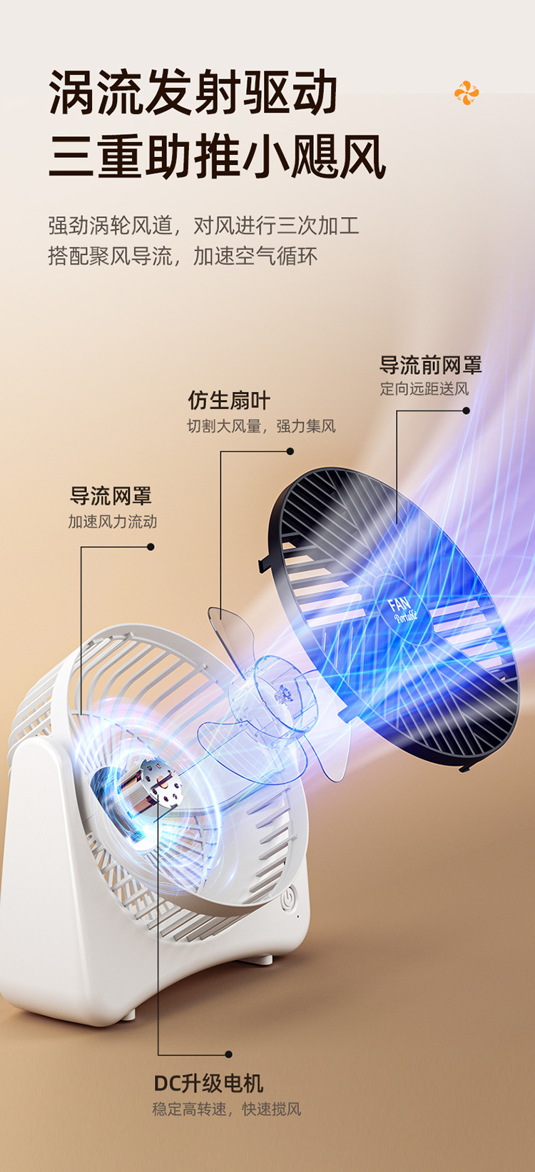 新款桌面风扇超静音USB充电式家用宿舍办公室户外大风力超长续航详情9