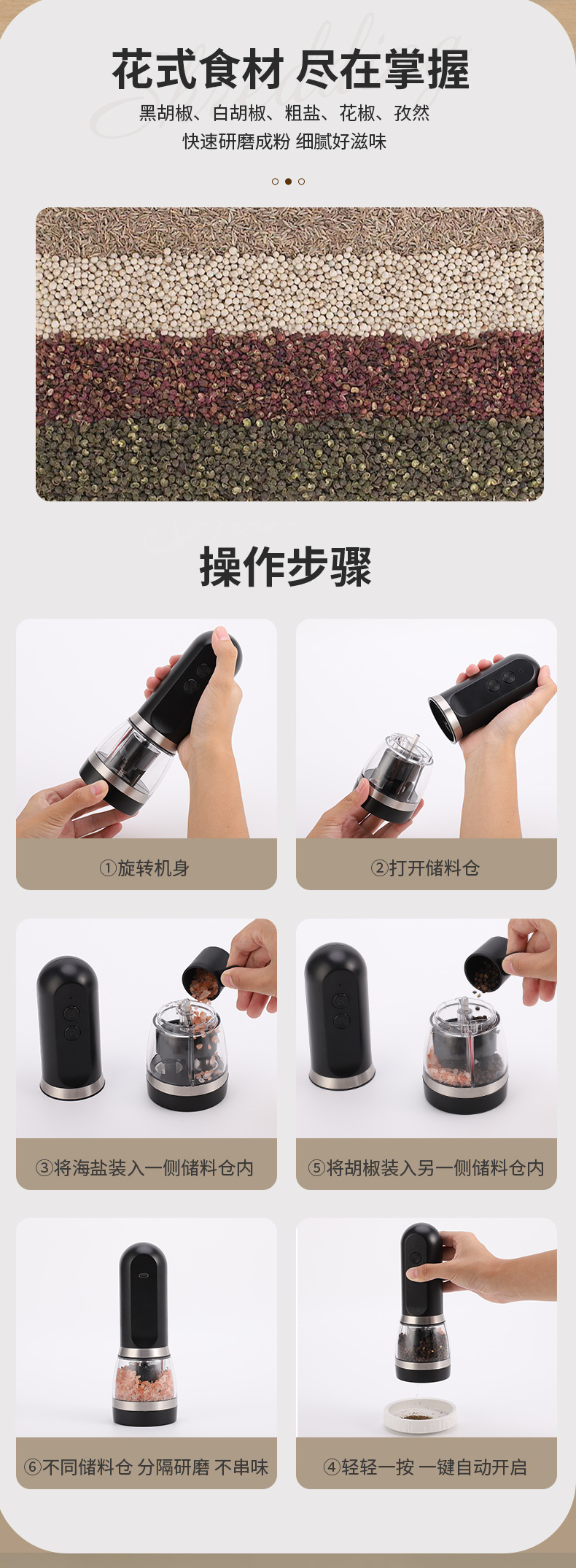家用多功能黑胡椒研磨器花椒海盐胡椒粉自动研磨器电动胡椒研磨器详情4
