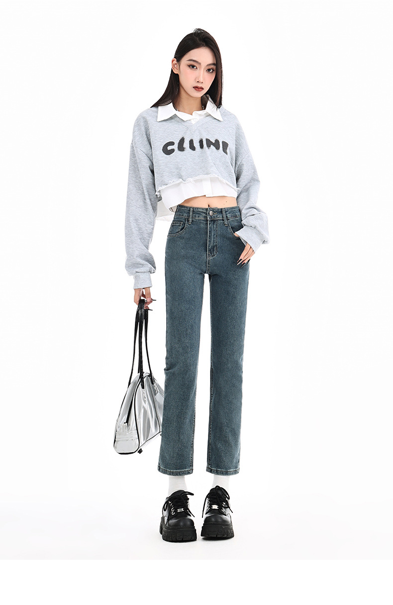 Blue-gray smoke tube jeans for women in spring 2025, petite slimming baguette pants, 9-inch straight leg pants pic 32