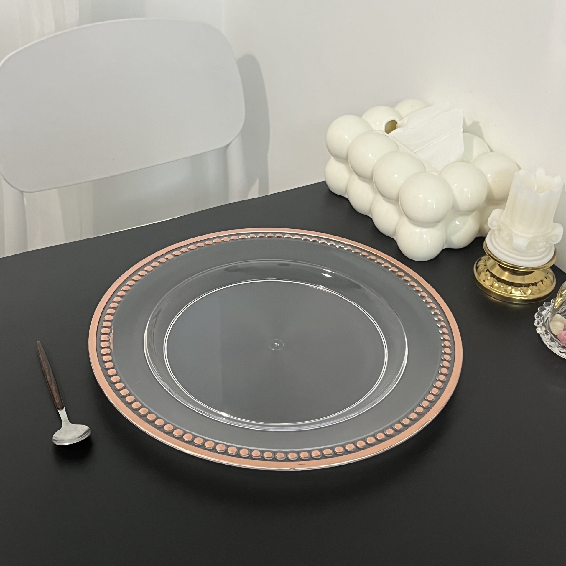 外贸透明婚礼酒店派对烫金工艺装饰塑料玻璃主盘chagerplate详情12