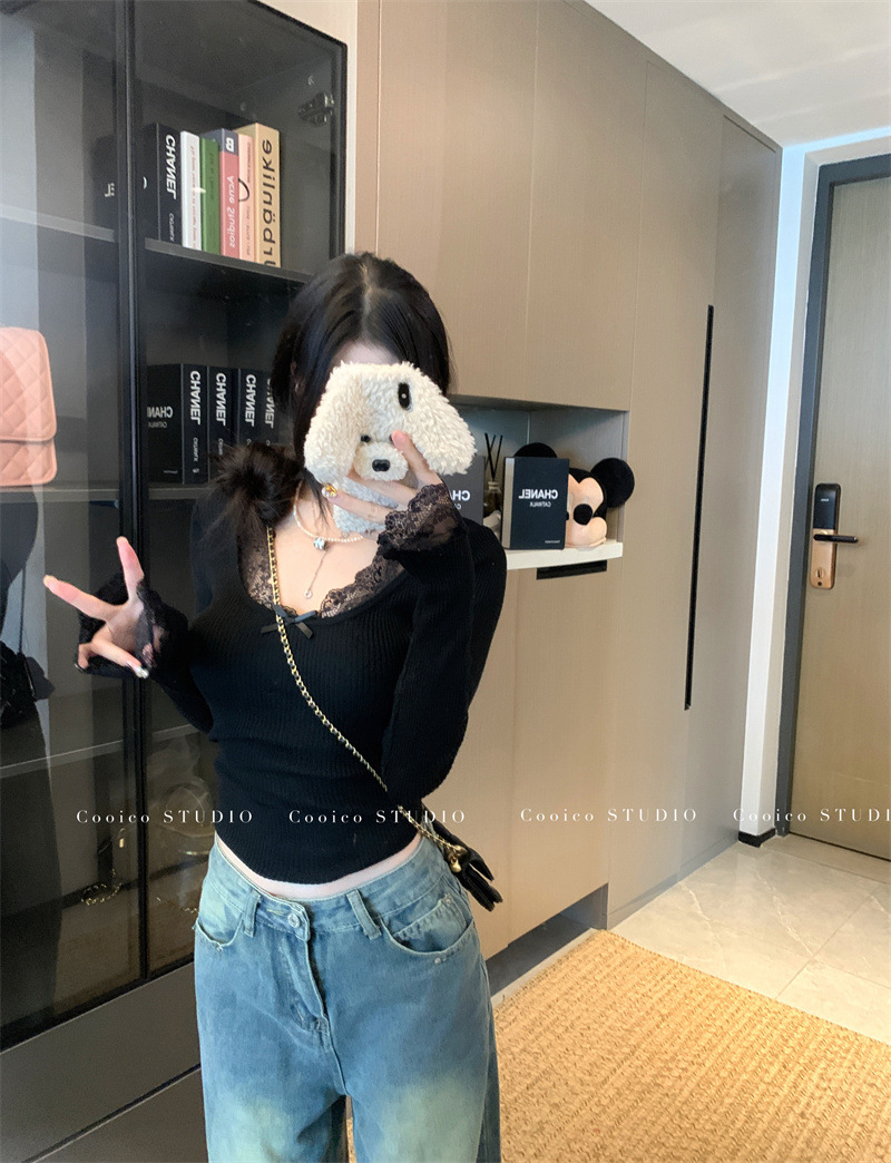 6035#复古蕾丝拼接针织衫新款修身显瘦纯欲风内搭打底长袖上衣女详情6