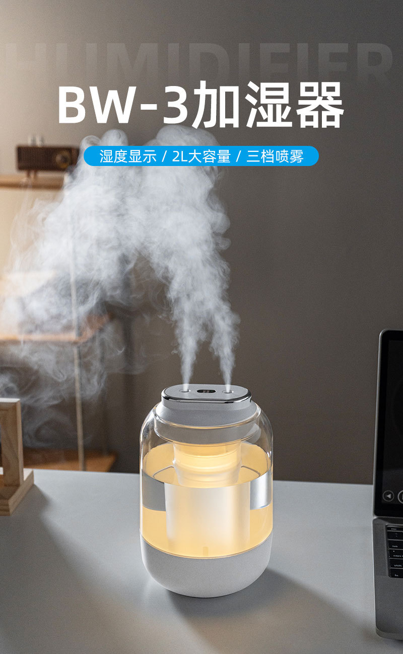 跨境新款2L双喷加湿器usb大容量静音家用小夜灯超声波空气加湿器详情2