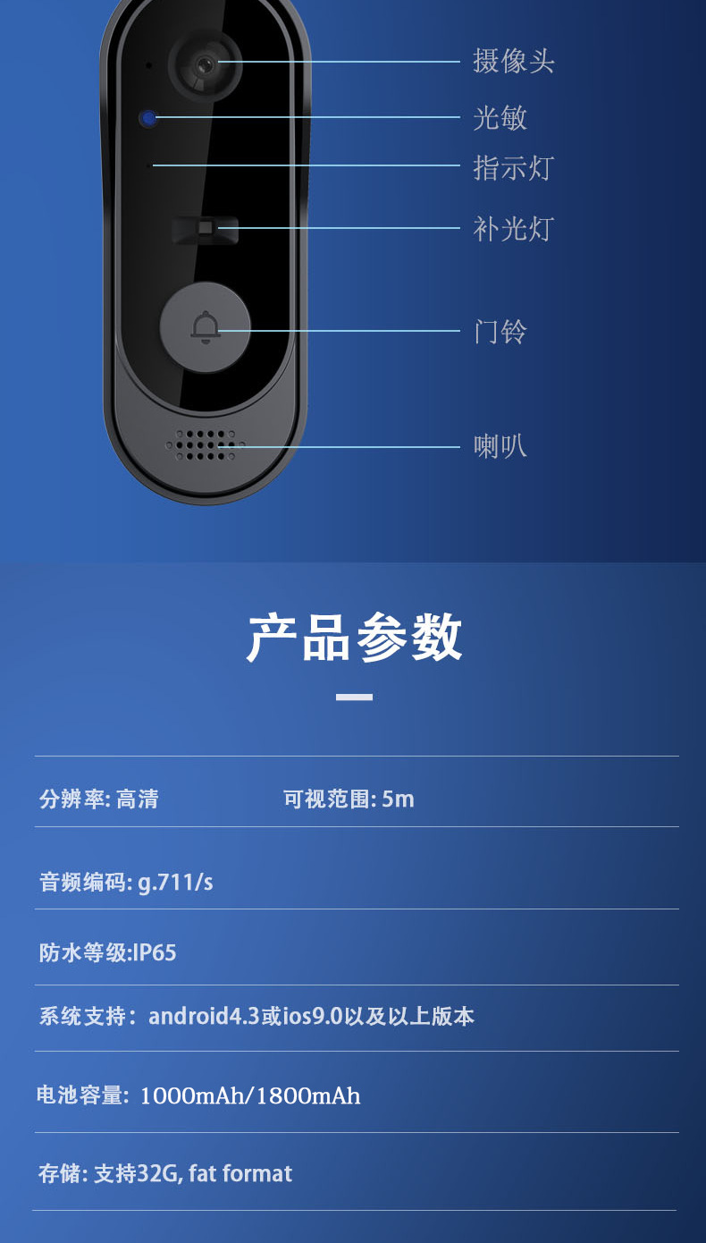 新款M9智能低功耗无线wifi可视对讲门铃手机监控防水底座云储存详情10