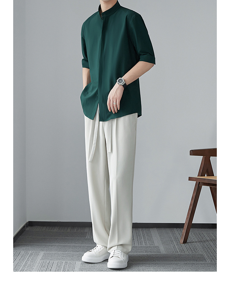 新中式立领中袖衬衫男夏季新款小众冰丝衬衣高级感垂感五分袖寸衫详情7