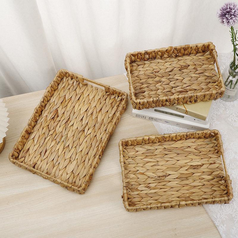 Wholesale of new water hyacinth straw woven storage baskets, household desktop trays, snack and bread storage baskets, and toy storage boxes pic 3