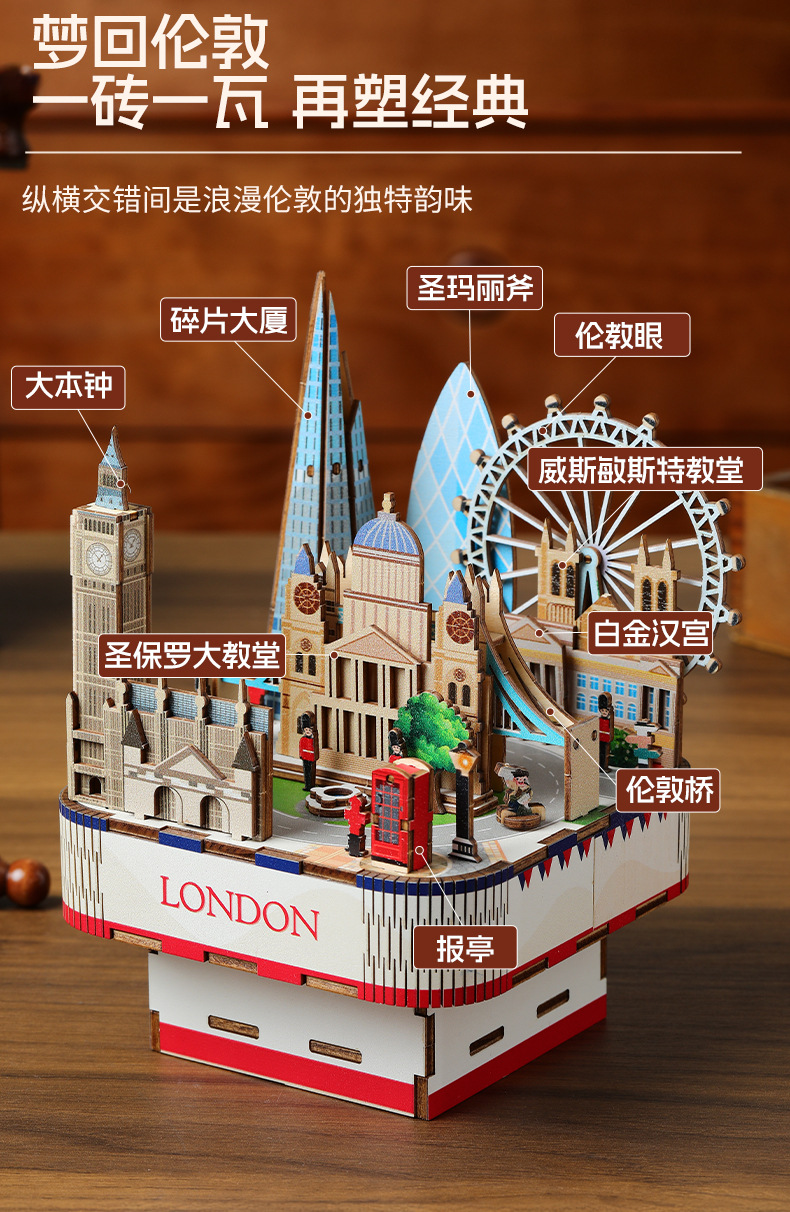 Cross-border new product, national trend and fun wooden music box, DIY handcrafted world-famous architecture, adult toy pic 6